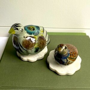 Mexican Tonala Pottery Hand Painted Folk Art Birds Set Of 2 Vintage Decor